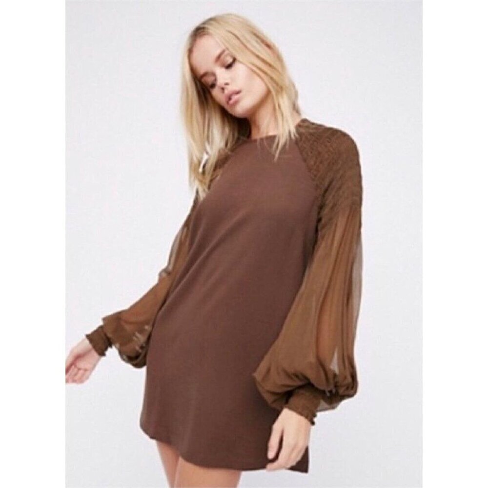 Free People Dress Womens Size XS Brown Smocked Boho Fairycore Balloon Sleeve NEW